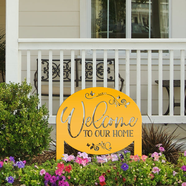 Welcome Home Metal Yard Stake - Charming Outdoor Lawn Art - Welcoming Laser Cut Sign - Butterfly Garden Decorations - Cute Housewarming Gift