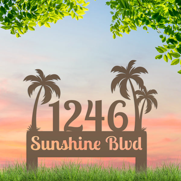 Personalized Palm Tree Address Metal Yard Stake - House Numbers-Beach Themed House-Beach House Address Yard Stake- Palm Tree Personalized Yard Stake