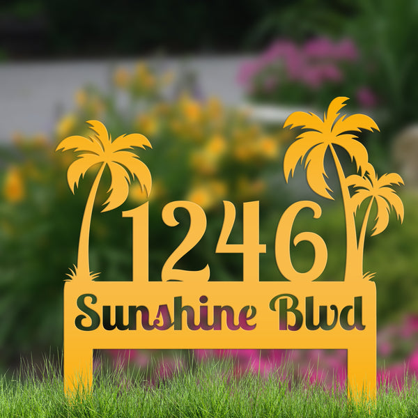 Personalized Palm Tree Address Metal Yard Stake - House Numbers-Beach Themed House-Beach House Address Yard Stake- Palm Tree Personalized Yard Stake