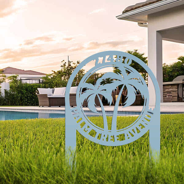 Custom Palm Tree Metal Yard Stake – Personalized Garden Decor - Unique Address Lawn Signs - Outdoor Entryway Signage - Realtor Closing Gift