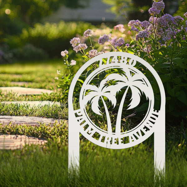 Custom Palm Tree Metal Yard Stake – Personalized Garden Decor - Unique Address Lawn Signs - Outdoor Entryway Signage - Realtor Closing Gift
