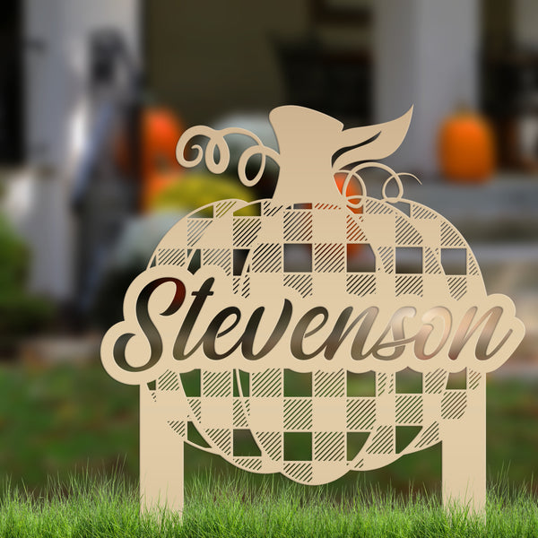 Custom Plaid Pumpkin Metal Yard Stake - Autumn Decor - Last Name Fall Sign-Fall Decor