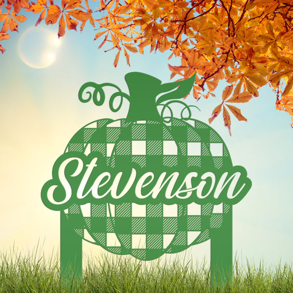 Custom Plaid Pumpkin Metal Yard Stake - Autumn Decor - Last Name Fall Sign-Fall Decor