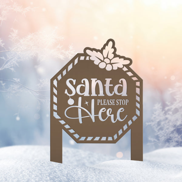 Santa Please Stop Here Metal Yard Stake - Christmas Decor