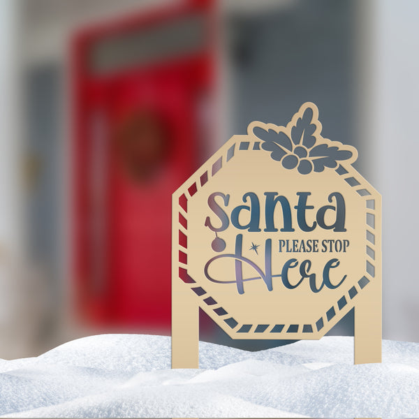 Santa Please Stop Here Metal Yard Stake - Christmas Decor