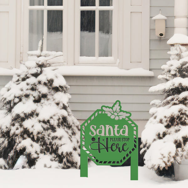 Santa Please Stop Here Metal Yard Stake - Christmas Decor