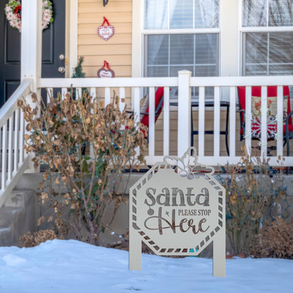 Santa Please Stop Here Metal Yard Stake - Christmas Decor