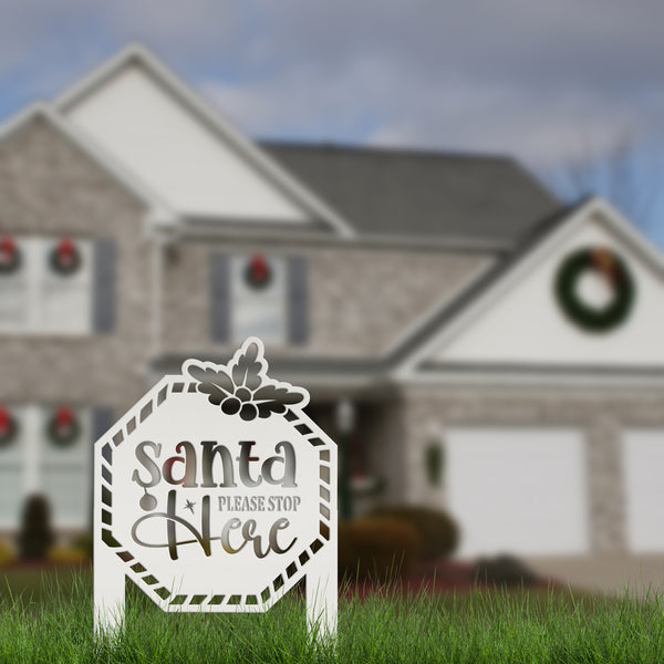 Santa Please Stop Here Metal Yard Stake - Christmas Decor
