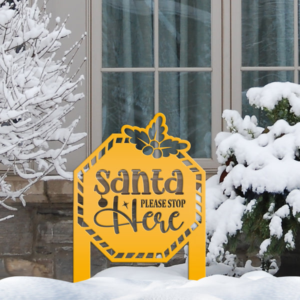 Santa Please Stop Here Metal Yard Stake - Christmas Decor
