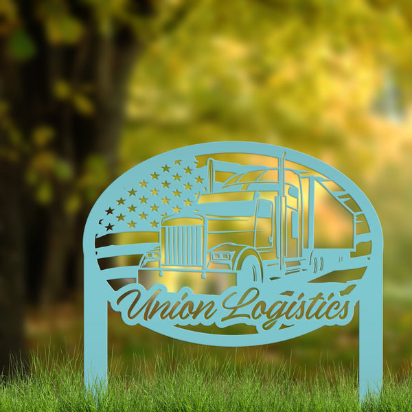 Tractor Trailer with American Flag Metal Yard Stake - Semi Truck-Trucking Company-Business