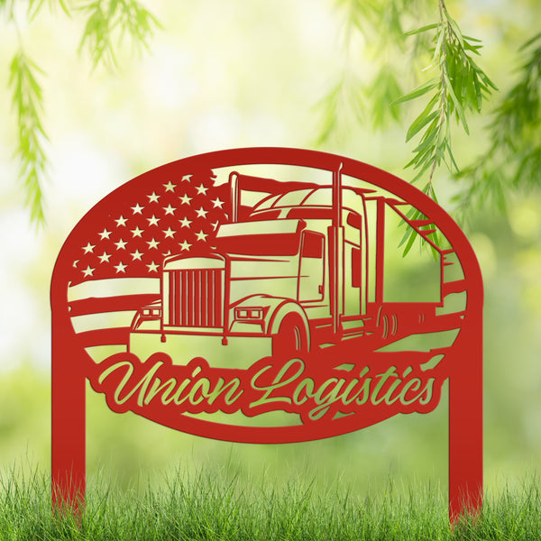 Tractor Trailer with American Flag Metal Yard Stake - Semi Truck-Trucking Company-Business