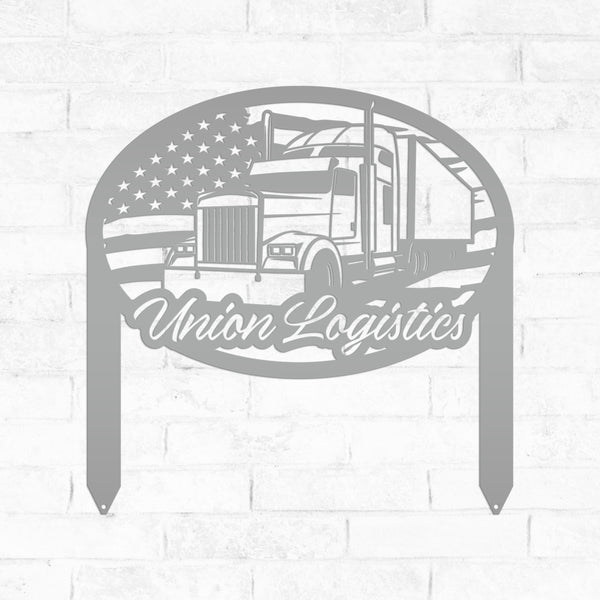 Tractor Trailer with American Flag Metal Yard Stake - Semi Truck-Trucking Company-Business