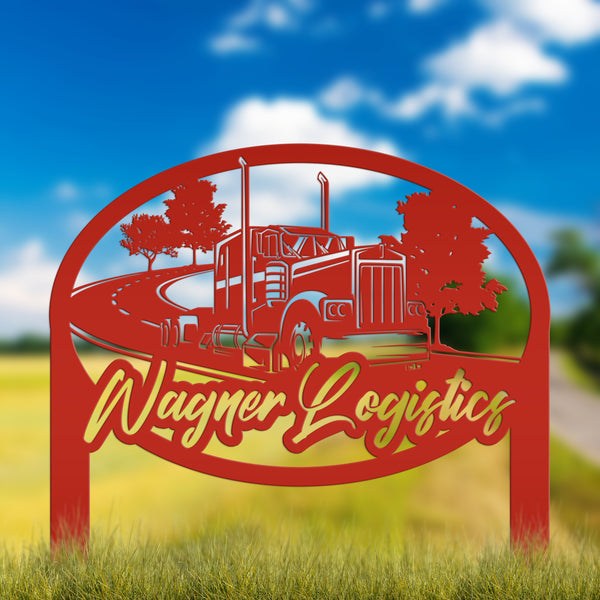 Tractor Trailer Highway Scene Metal Yard Stake, Semi Truck, Trailer Truck Yard Decor , Big Rig, Semi Truck Yard Art