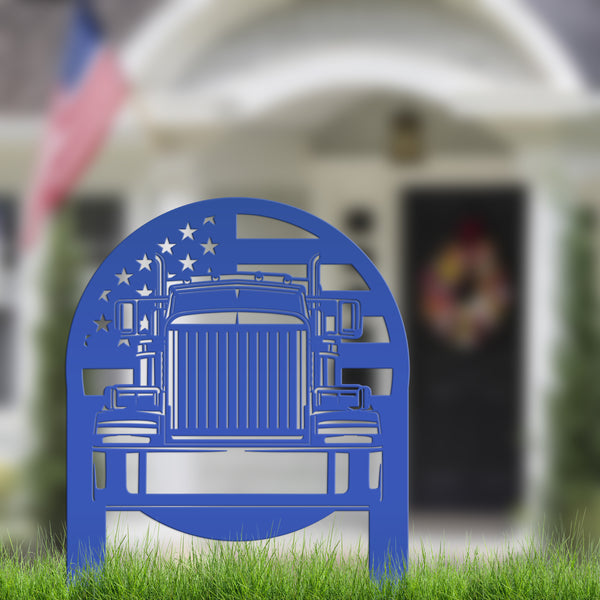 Tractor Trailer with American Flag Metal Yard Stake-Semi Truck- Big Rig