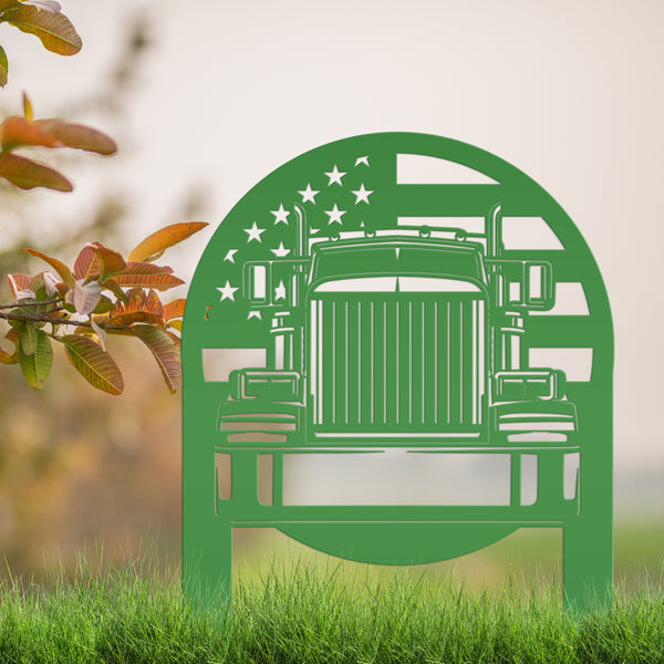 Tractor Trailer with American Flag Metal Yard Stake-Semi Truck- Big Rig