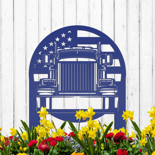 Tractor Trailer with American Flag Metal Yard Stake-Semi Truck- Big Rig