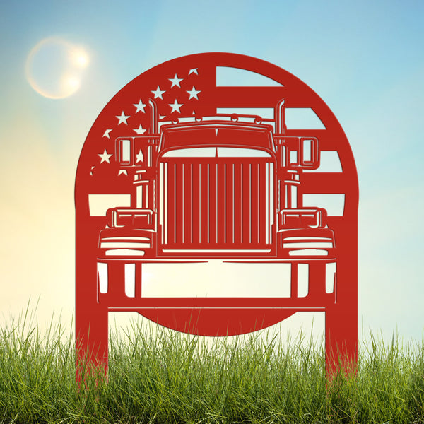 Tractor Trailer with American Flag Metal Yard Stake-Semi Truck- Big Rig