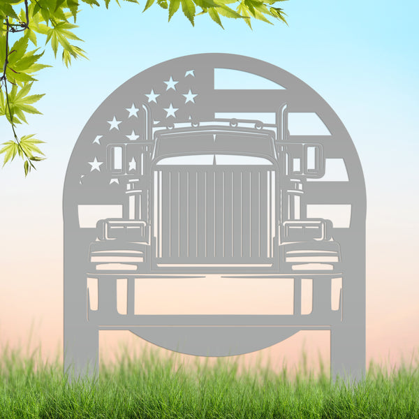 Tractor Trailer with American Flag Metal Yard Stake-Semi Truck- Big Rig