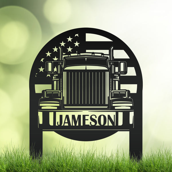 Tractor Trailer with American Flag Personalized Metal Yard Stake-Semi Truck -Trailer Truck-Big Rig