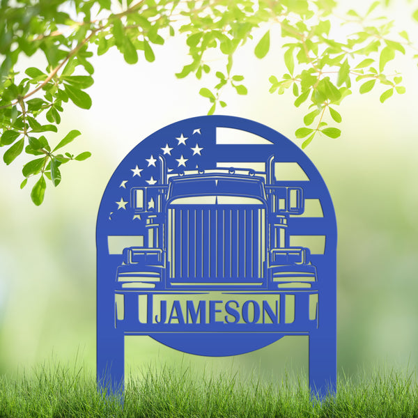 Tractor Trailer with American Flag Personalized Metal Yard Stake-Semi Truck -Trailer Truck-Big Rig