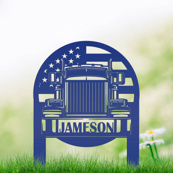 Tractor Trailer with American Flag Personalized Metal Yard Stake-Semi Truck -Trailer Truck-Big Rig