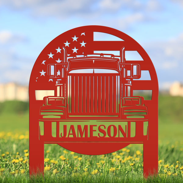 Tractor Trailer with American Flag Personalized Metal Yard Stake-Semi Truck -Trailer Truck-Big Rig