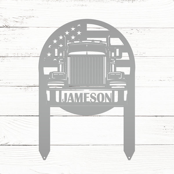 Tractor Trailer with American Flag Personalized Metal Yard Stake-Semi Truck -Trailer Truck-Big Rig