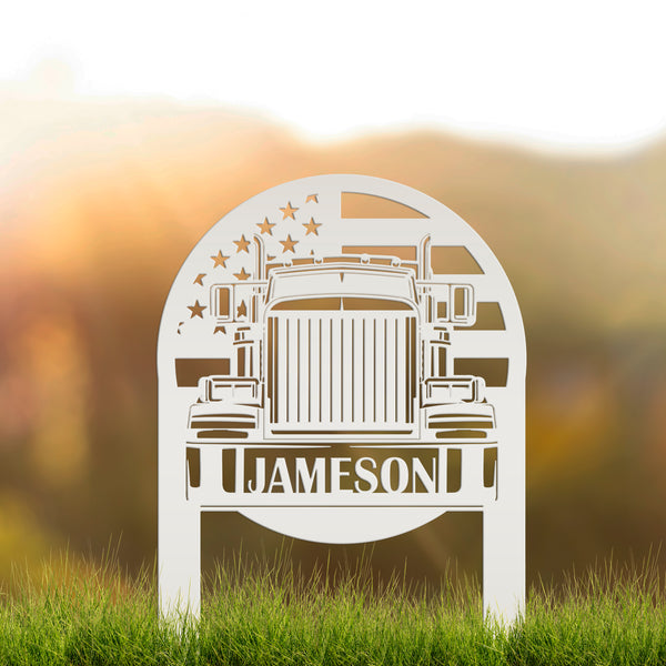 Tractor Trailer with American Flag Personalized Metal Yard Stake-Semi Truck -Trailer Truck-Big Rig