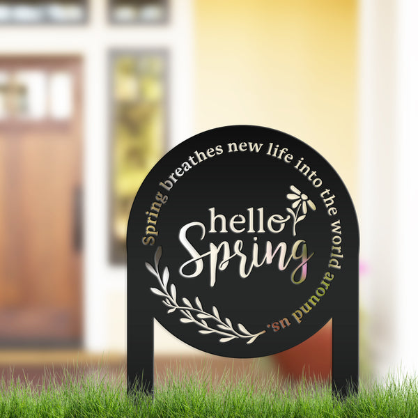 Outdoor Hello Spring Metal Yard Stake -Spring Yard Decorations-Yard Ornaments-Lawn-Garden Ornaments-Spring Yard Art