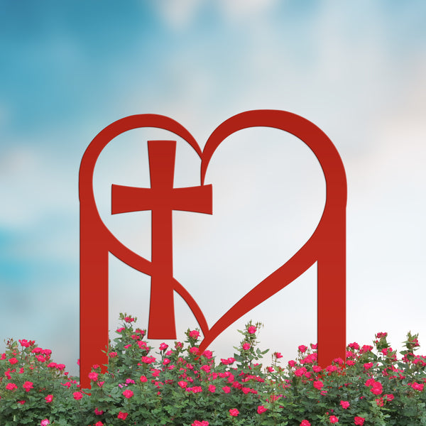 Outdoor Christian Heart Cross Metal Yard Stake - Valentine Decor-Heart Shaped Outdoor Decor-Valentines Garden Decor