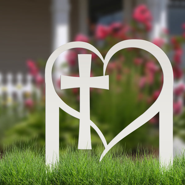 Outdoor Christian Heart Cross Metal Yard Stake - Valentine Decor-Heart Shaped Outdoor Decor-Valentines Garden Decor