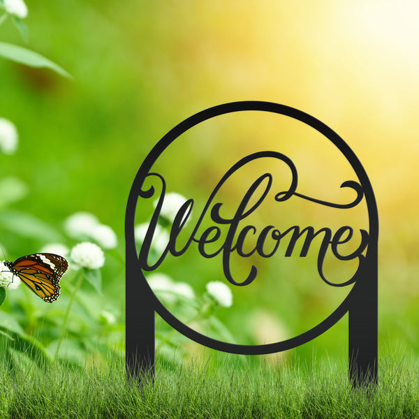 Round Welcome Metal Yard Stake-Welcome Yard Stake-Flower Bed Decor-Flower Bed Yard Decor -Personalized Gift