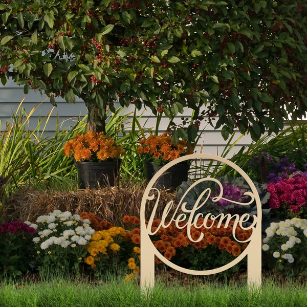 Round Welcome Metal Yard Stake-Welcome Yard Stake-Flower Bed Decor-Flower Bed Yard Decor -Personalized Gift