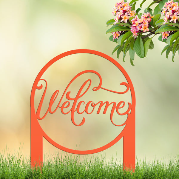 Round Welcome Metal Yard Stake-Welcome Yard Stake-Flower Bed Decor-Flower Bed Yard Decor -Personalized Gift