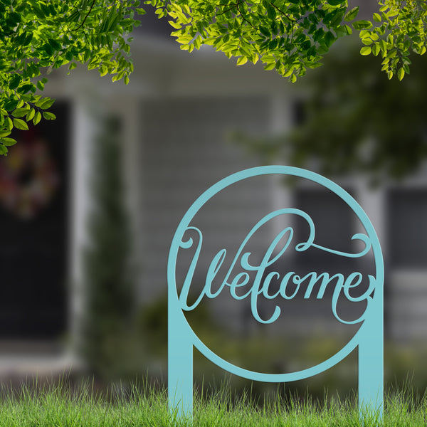 Round Welcome Metal Yard Stake-Welcome Yard Stake-Flower Bed Decor-Flower Bed Yard Decor -Personalized Gift