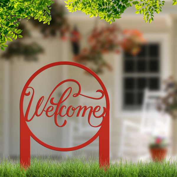 Round Welcome Metal Yard Stake-Welcome Yard Stake-Flower Bed Decor-Flower Bed Yard Decor -Personalized Gift