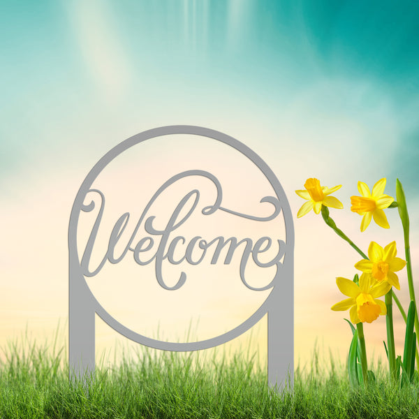 Round Welcome Metal Yard Stake-Welcome Yard Stake-Flower Bed Decor-Flower Bed Yard Decor -Personalized Gift