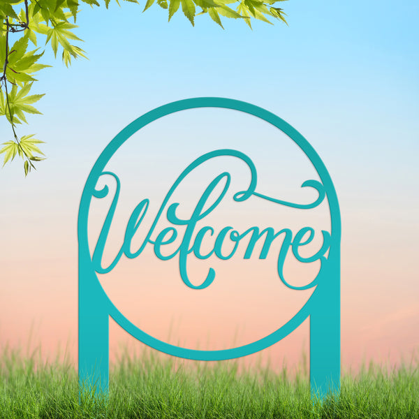 Round Welcome Metal Yard Stake-Welcome Yard Stake-Flower Bed Decor-Flower Bed Yard Decor -Personalized Gift