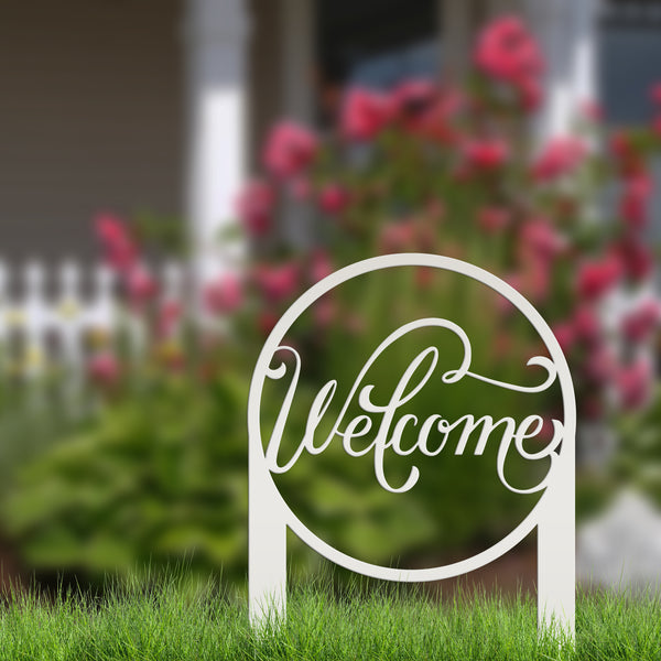 Round Welcome Metal Yard Stake-Welcome Yard Stake-Flower Bed Decor-Flower Bed Yard Decor -Personalized Gift