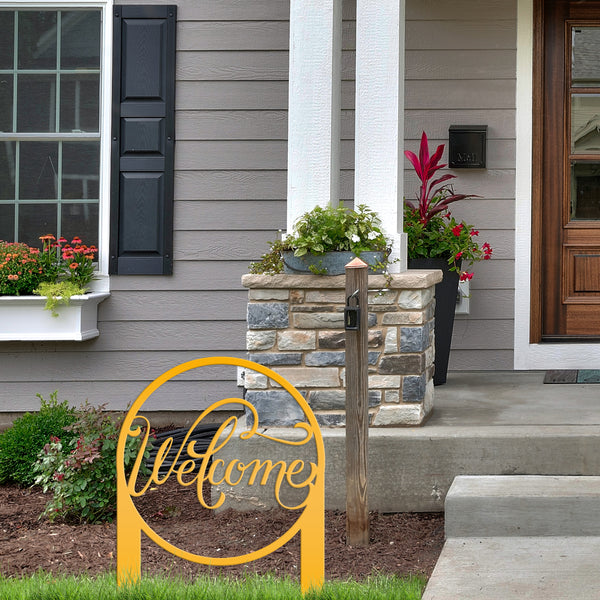 Round Welcome Metal Yard Stake-Welcome Yard Stake-Flower Bed Decor-Flower Bed Yard Decor -Personalized Gift