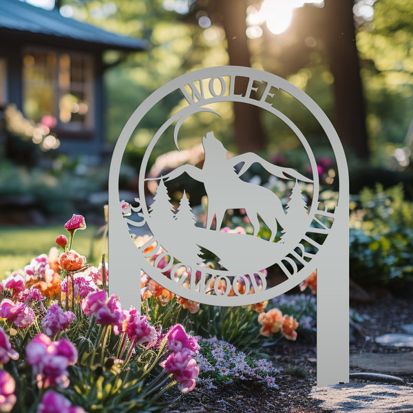 Personalized Wolf and Address Yard Stake Metal Sign-Wolf Yard Decor-Wolves-Wolf Decor