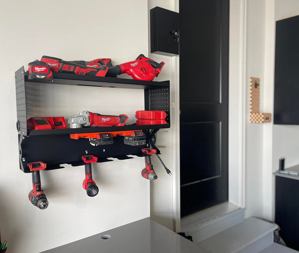 Double Shelf Power Tool Organizer Wall Mount with Charging Station and Battery Rack and Power Strip