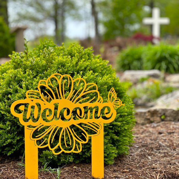 Flower and Butterfly Welcome Metal Yard Stake Sign - Speed Fabrication