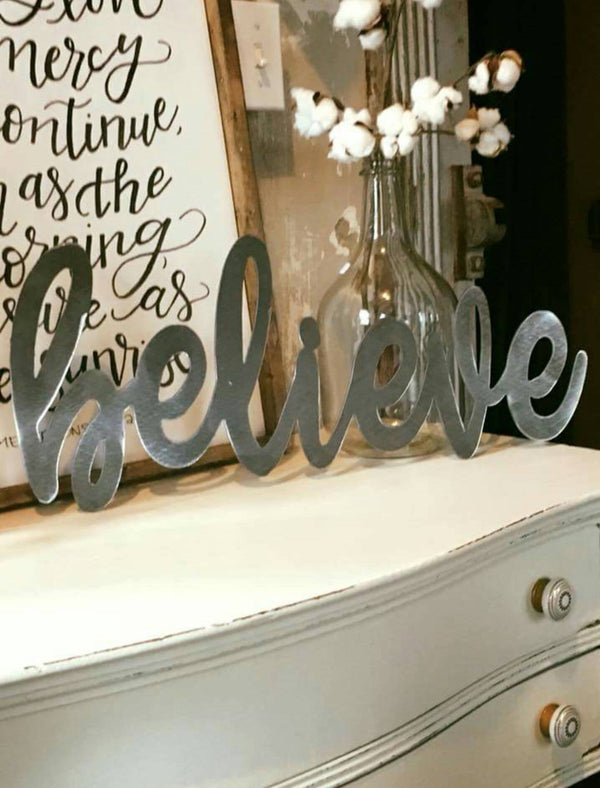Inspirational Words Metal Sign, Bare Metal, DIY, Believe Blessed, Grace, Faith, Breathe, Hope, Family, Custom Words, Cursive Writing - Speed Fabrication