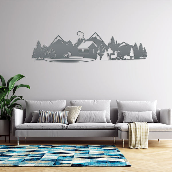 Outdoor Mountain Cabin Silhouette Nature Scene Metal Sign