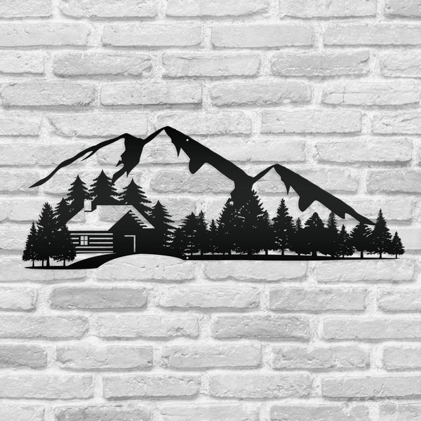 Outdoor Mountain Cabin Silhouette Nature Scene Metal Sign