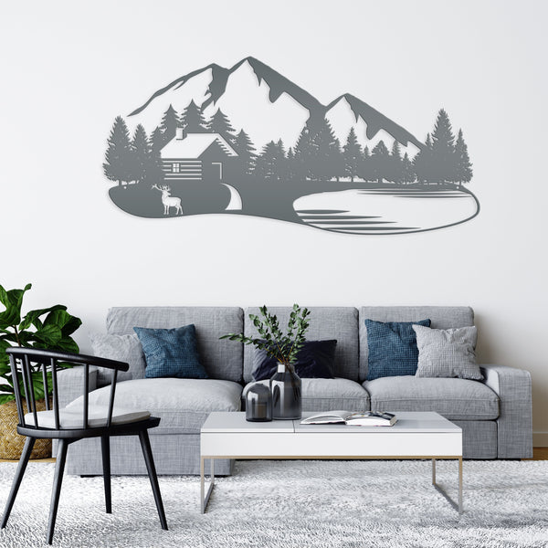 Outdoor Mountain Cabin Silhouette Nature Scene Metal Sign