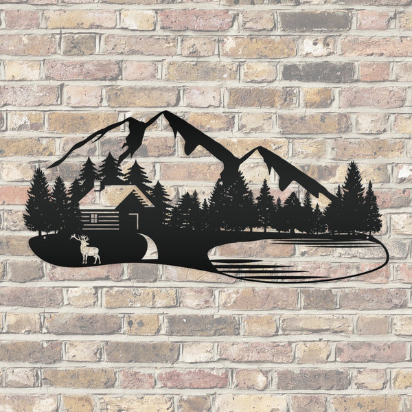Outdoor Mountain Cabin Silhouette Nature Scene Metal Sign