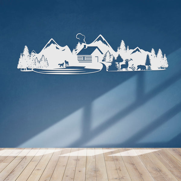 Outdoor Mountain Cabin Silhouette Nature Scene Metal Sign