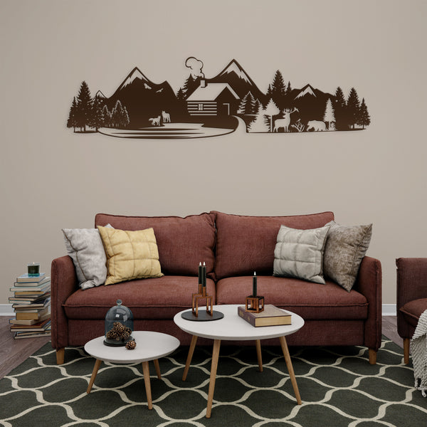 Outdoor Mountain Cabin Silhouette Nature Scene Metal Sign
